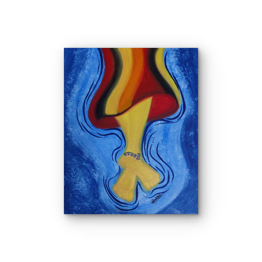 Abstract painting with wavy lines in red, yellow, and blue on a white background