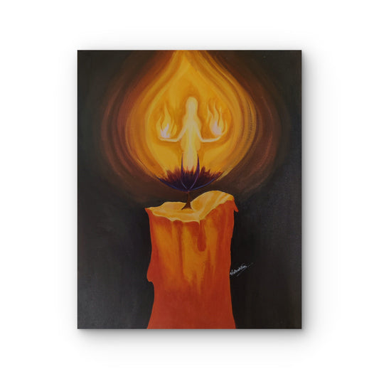 Painting of a candle with a flame-like figure on a dark background