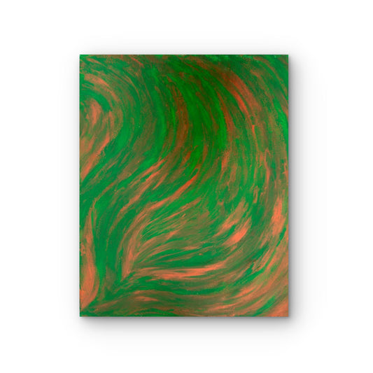 Abstract painting with green and brown swirls on a white background