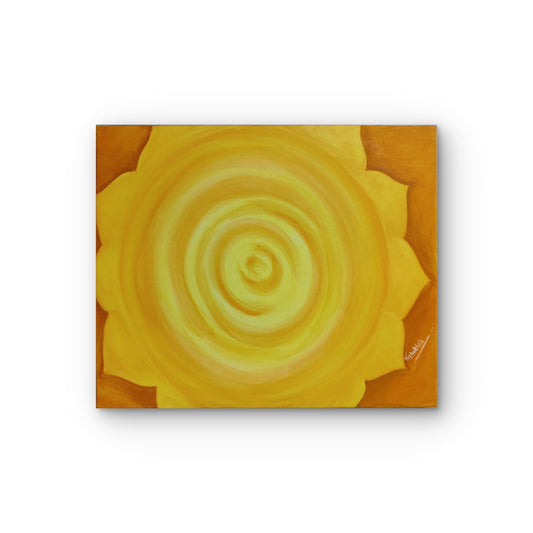 Yellow spiral art piece on a white background