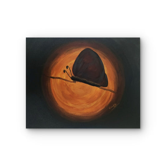 Painting of a butterfly against an orange and black circular background