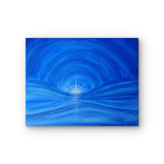 Abstract blue artwork with a central light source on a white background