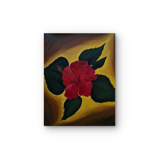 Painting of a red flower with green leaves on a yellow background