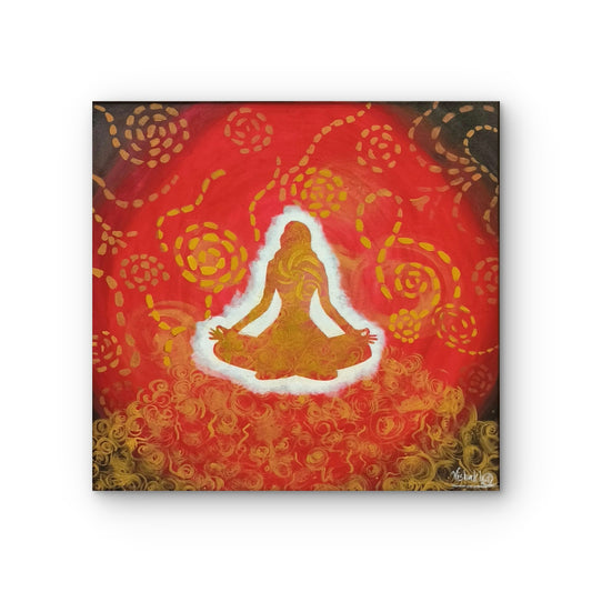 Decorative panel with a girl's silhouette on a red and gold patterned background