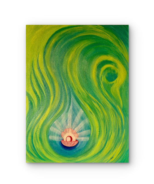 Abstract artwork with swirling green and yellow patterns on a white background