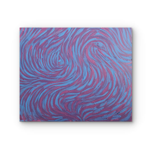 Abstract painting with swirling patterns in blue and pink on a white background