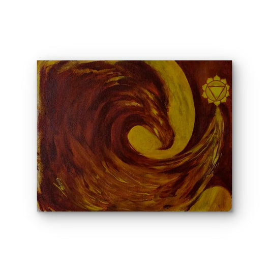 Abstract painting with swirling brown and yellow patterns on a white background