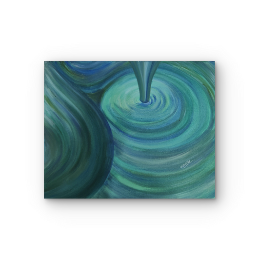 Abstract painting of swirling blue and green colors on a white background