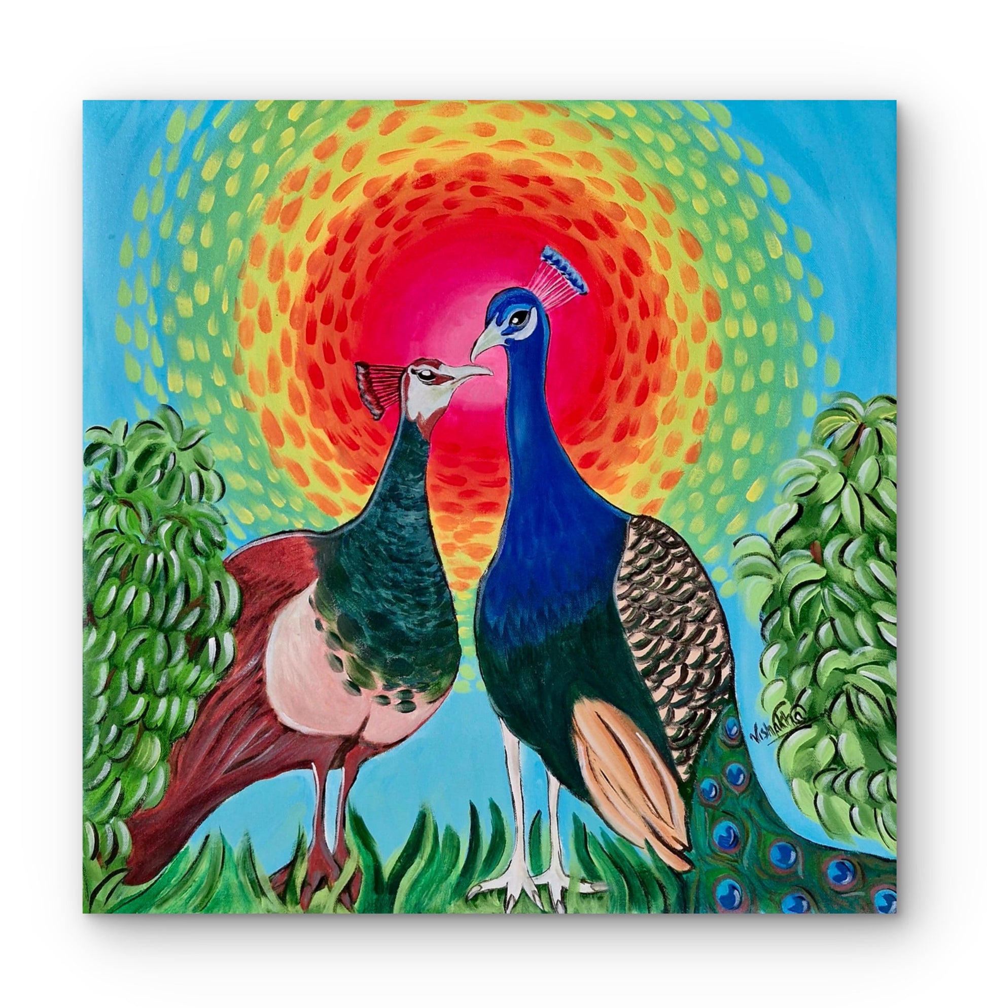 Colorful painting of two peacocks in a garden setting with a vibrant sun in the background.