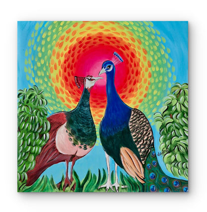Colorful painting of two peacocks in a garden setting with a vibrant sun in the background.