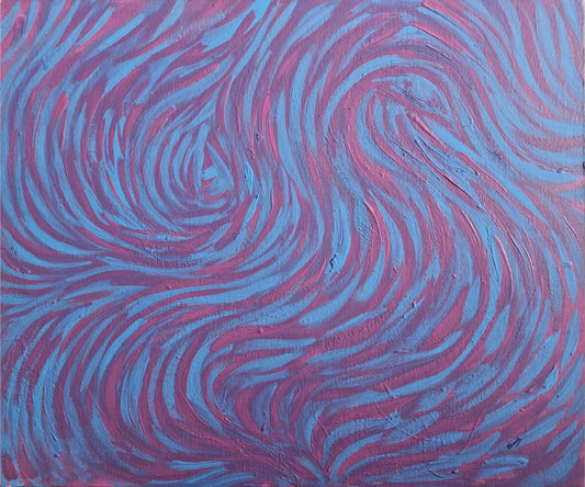 Abstract painting with wavy patterns in blue and pink on a white background