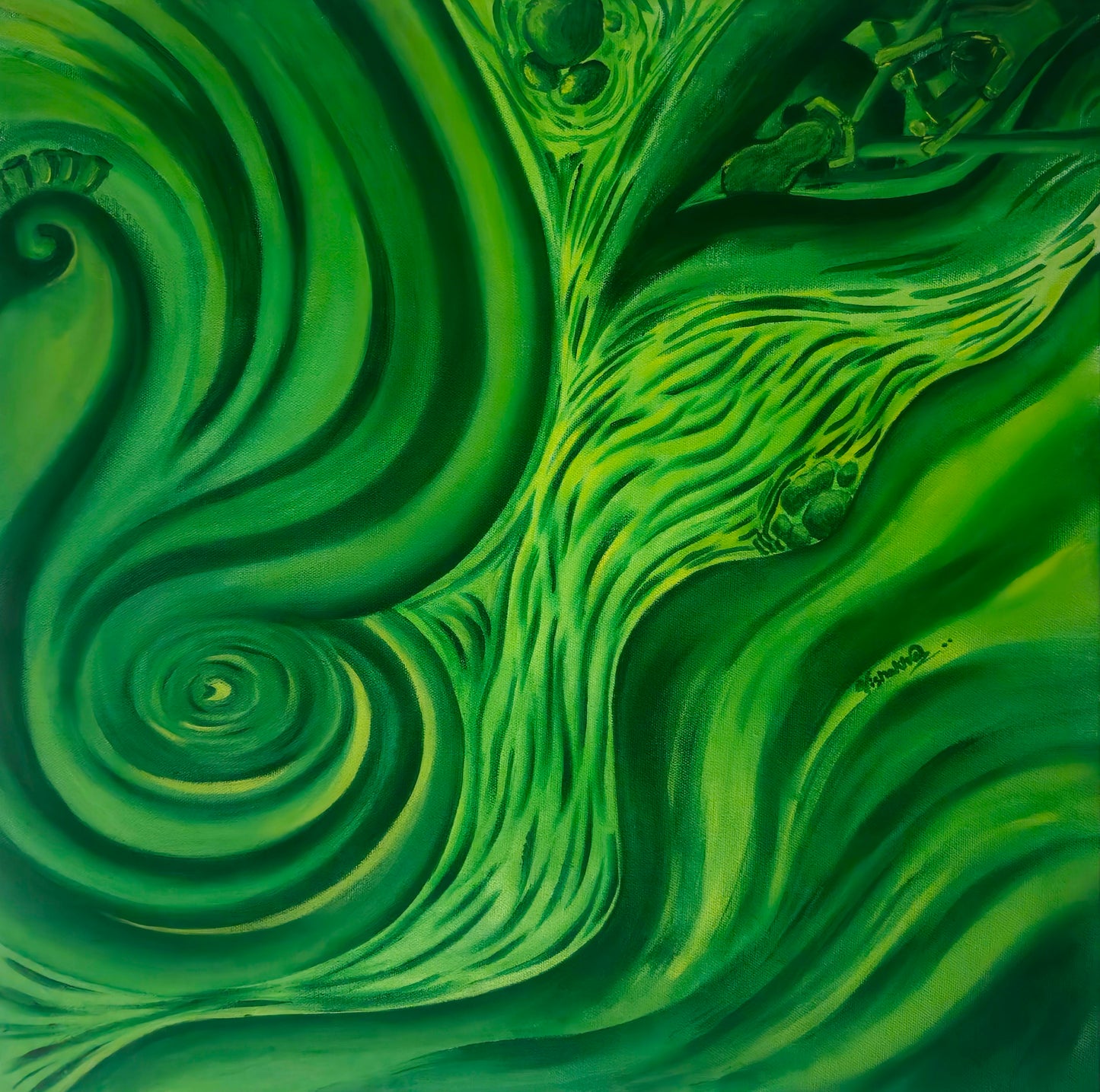 Abstract green artwork with swirling patterns