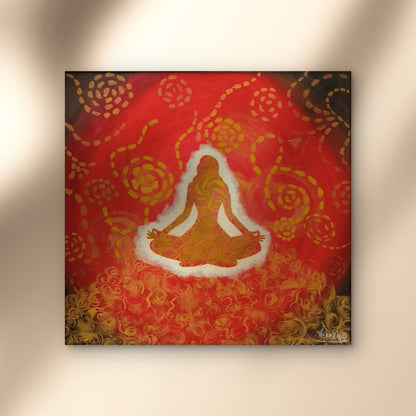 Artistic depiction of a seated figure on a red and gold patterned background