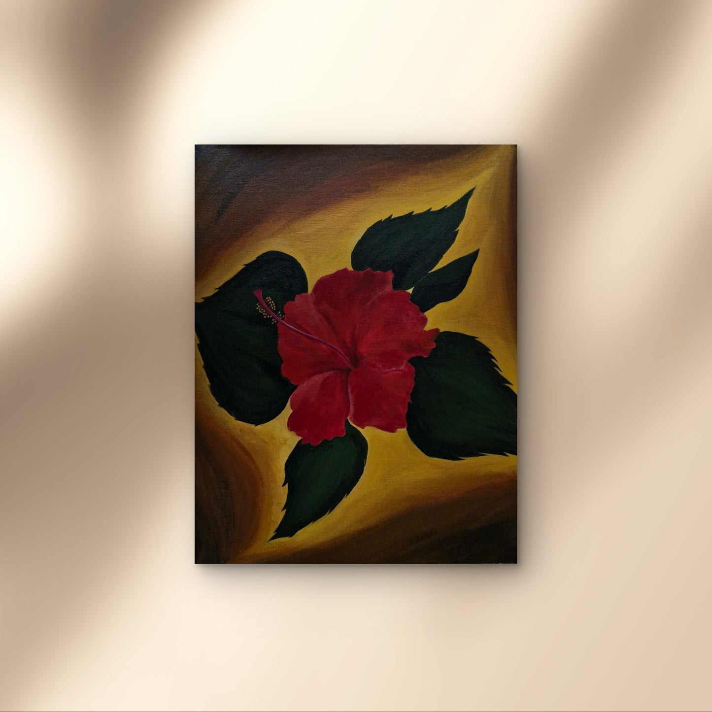 Painting of a red flower with green leaves on a beige wall