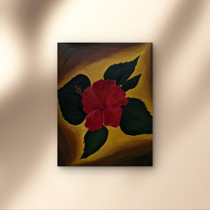 Painting of a red flower with green leaves on a beige wall