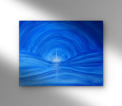 Abstract blue painting on a gray wall