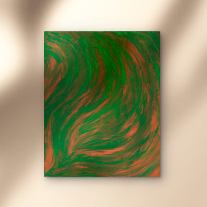 Abstract painting with green and brown swirls on a beige wall