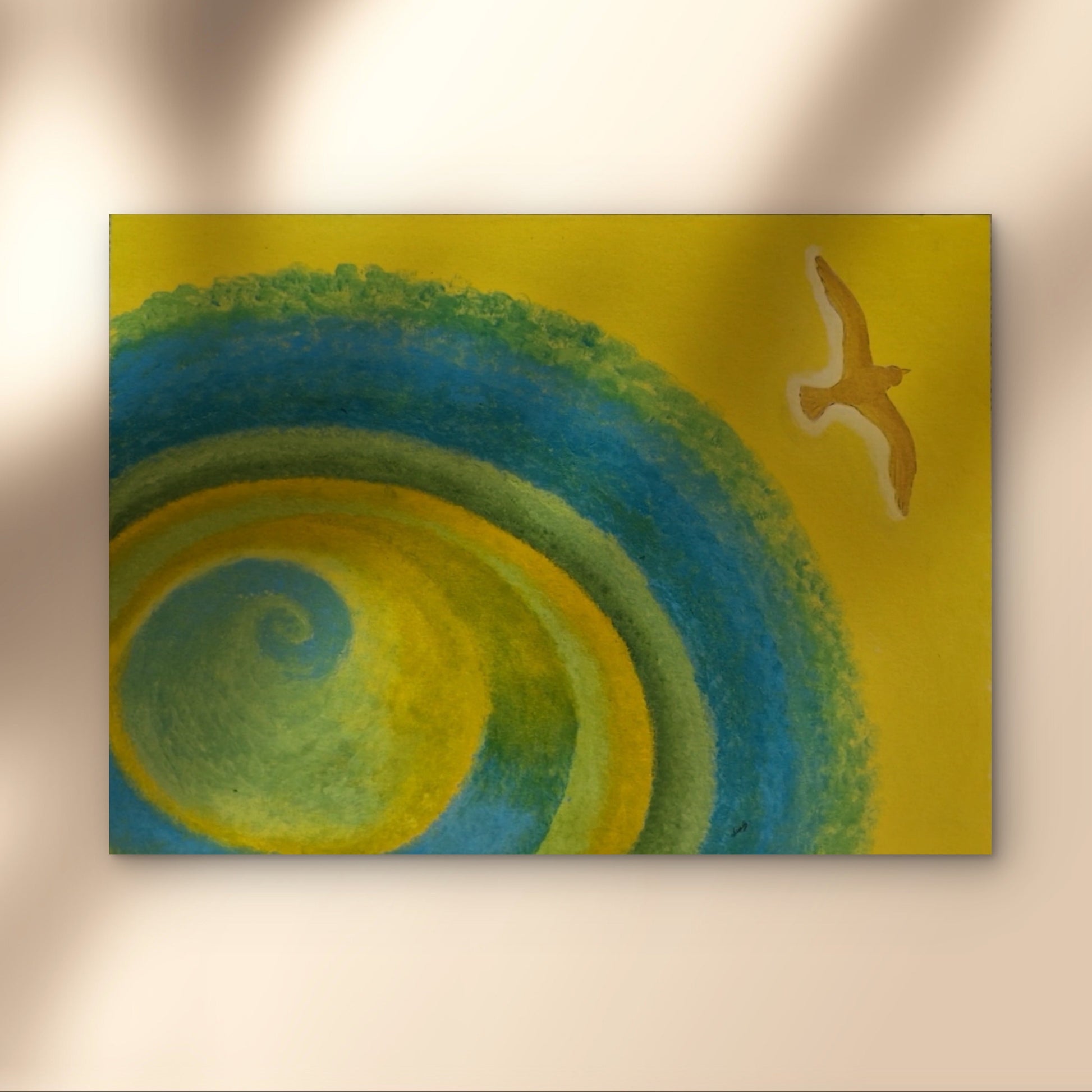 Abstract circular artwork with a bird on a yellow background