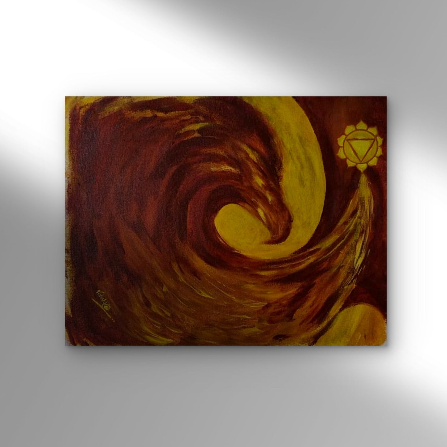 Abstract painting with swirling brown and yellow patterns on a gray background