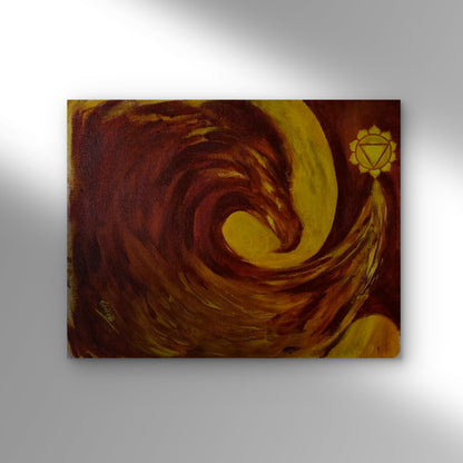 Abstract painting with swirling brown and yellow patterns on a gray background