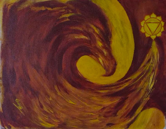 Artistic depiction of a swirling pattern with a yellow circle and a symbol in the corner.