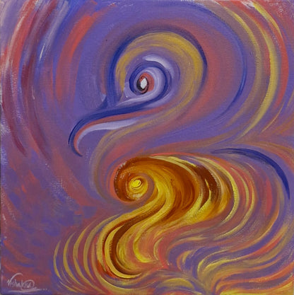 An abstract acrylic painting featuring swirling patterns in deep violet, orange, and gold, resembling a cosmic and fiery scene.
