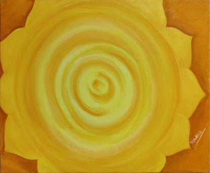 Acrylic painting of a sunflower with a spiral pattern in the center, radiating warm, yellow tones with a sense of growth and expansion.