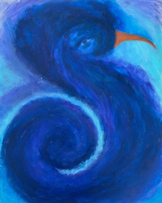Acrylic painting of a stylized hurricane with blue swirls and an orange beak