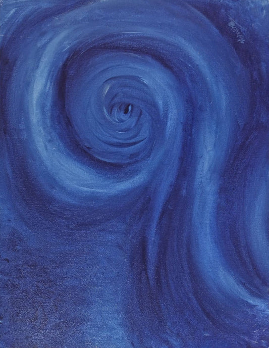A canvas painting featuring a spiral pattern in blue acrylics.