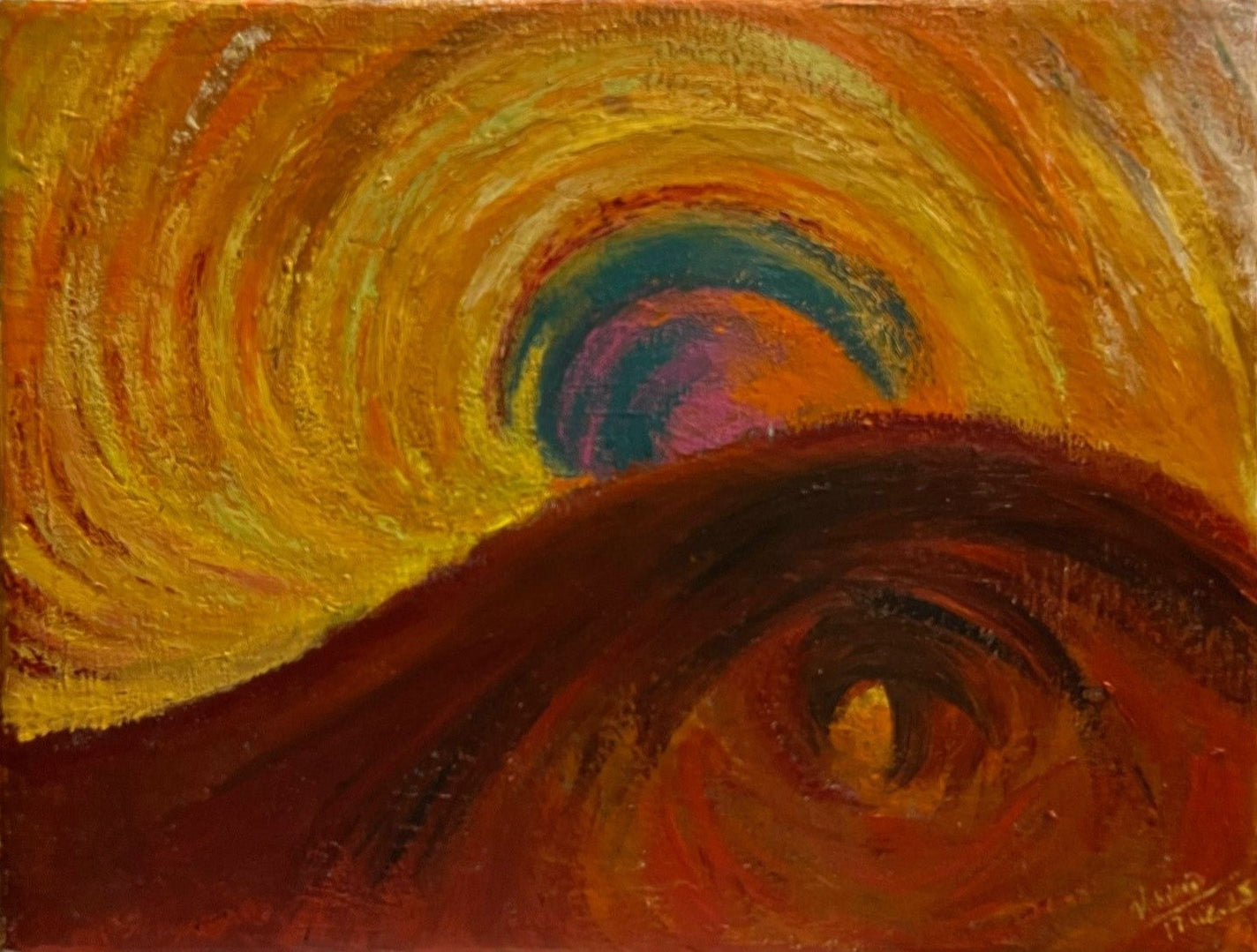 An abstract acrylic painting on canvas, predominantly in shades of yellow and brown, with swirling patterns that give the impression of movement and depth.