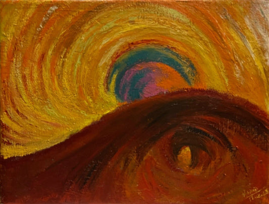 An abstract acrylic painting on canvas, predominantly in shades of yellow and brown, with swirling patterns that give the impression of movement and depth.