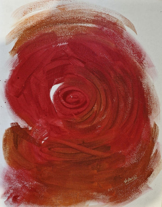 An abstract acrylic painting on canvas, predominantly red with some areas in white and brown, creating a sense of movement and depth.