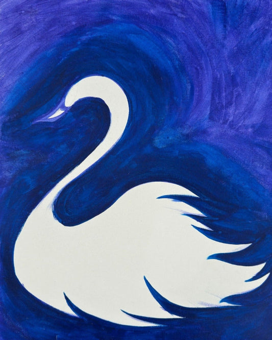 A canvas painting featuring a white swan silhouette against a blue background, representing the essence of Saraswati.
