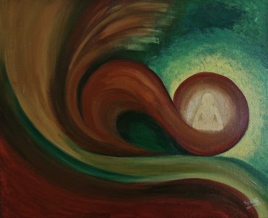 Abstract painting with swirling colors and a central circular shape.