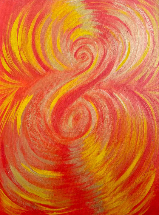 Abstract painting with swirling red and yellow patterns