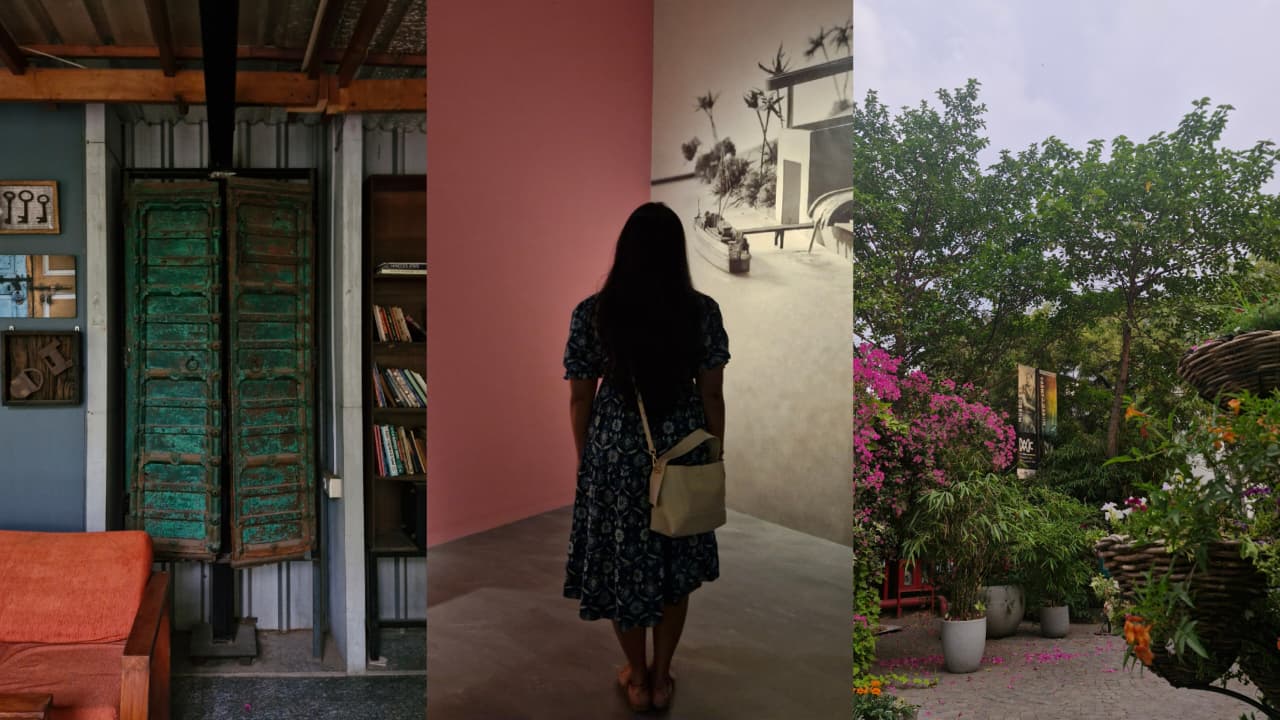 Three different scenes: a room with green shutters, a person walking in an art gallery, and a garden with flowers and plants.