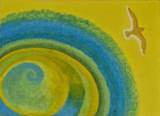 Artistic depiction of a spiral with concentric circles in blue, green, and yellow on a yellow background with a bird.