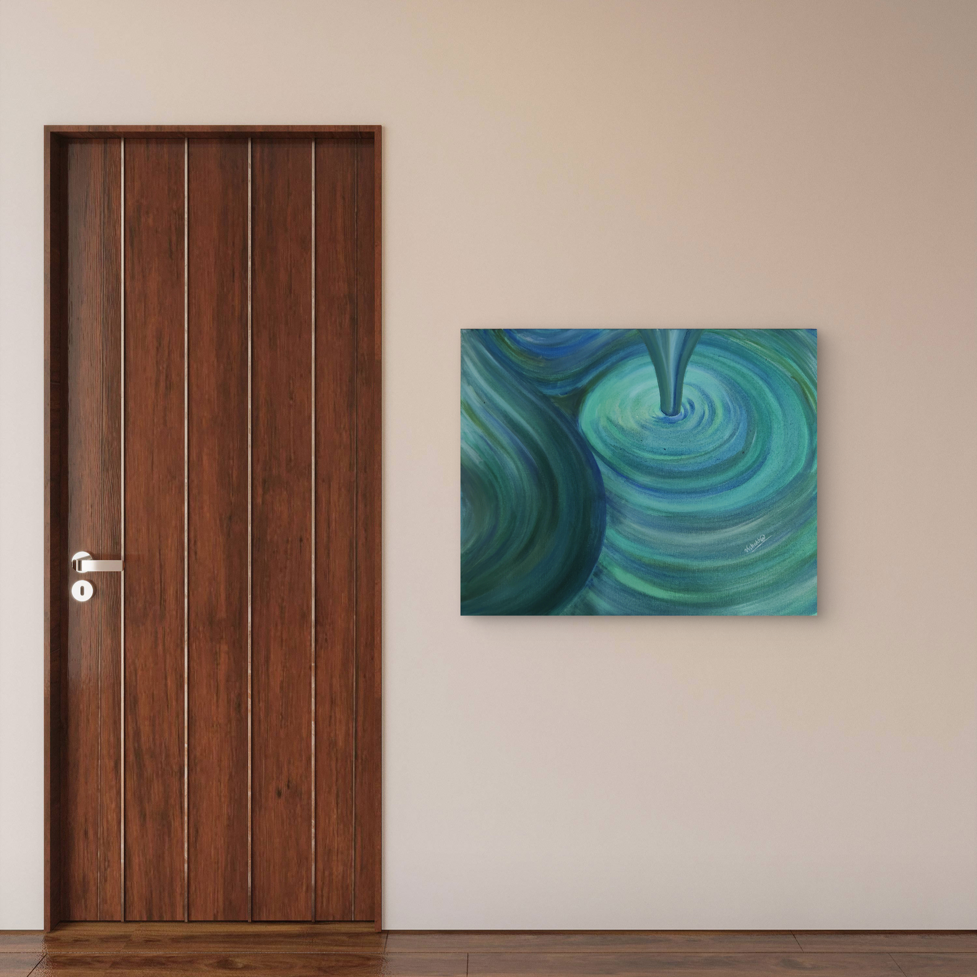 Wooden door with a painting of swirling blue and green colors on a beige wall.