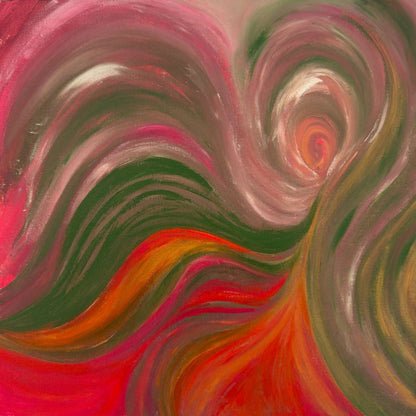 This image features an original acrylic painting titled "Coming out of a hurricane/ Breakthroughs." The artwork is executed on a canvas measuring 18x18 inches, showcasing an intense blend of swirling colors including red, green, and gray, that create a visually captivating effect.