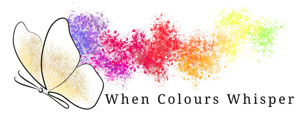 Butterfly with colorful dust and 'When Colours Whisper' text on a white background
