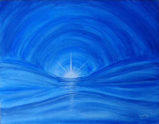 A canvas painting featuring a abstract blue underwater scene with a light source in the center.