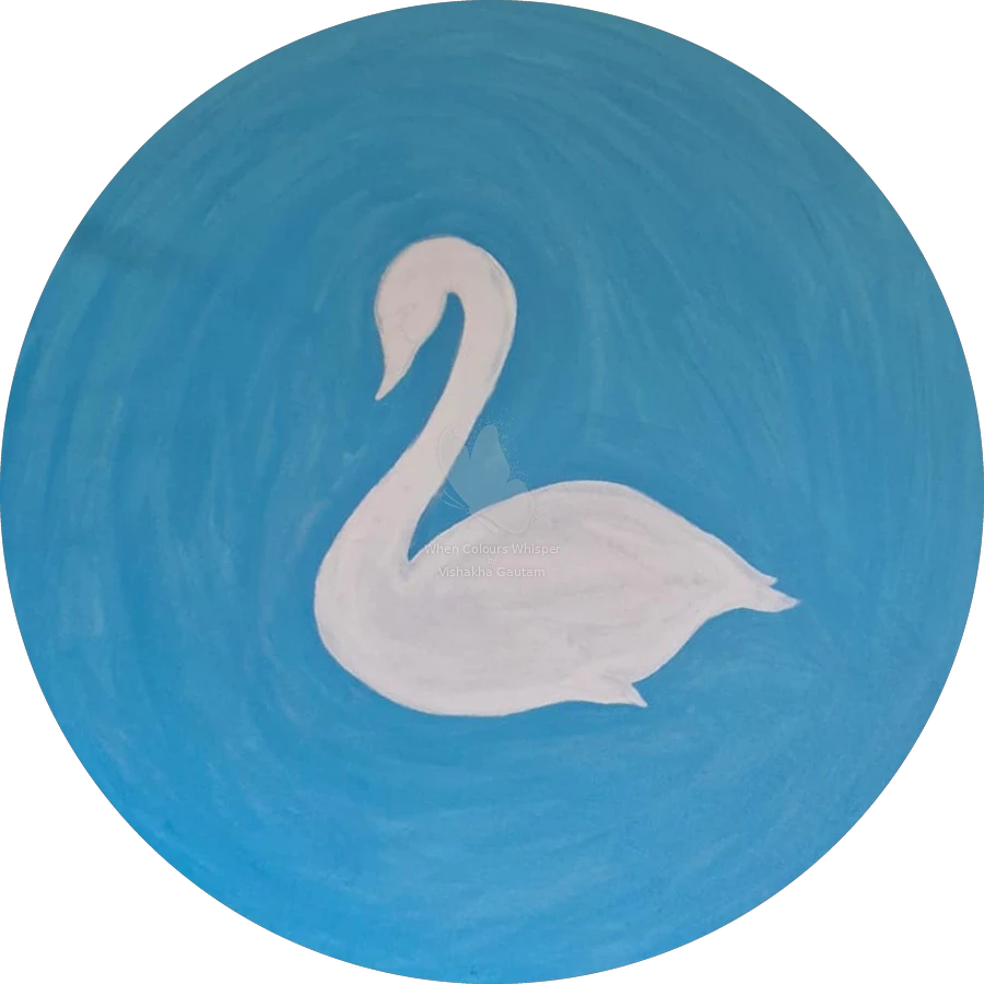 Round painting of a white swan on blue